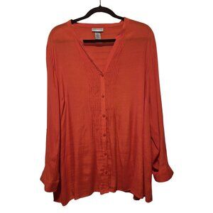 Catherines Womens Button-Up Pleated Blouse 1X 16/18W Orange Rayon/Polyester Long
